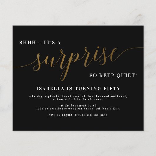 Papier Budget Black & Gold Script Surprise fête d'anniver (Devant)