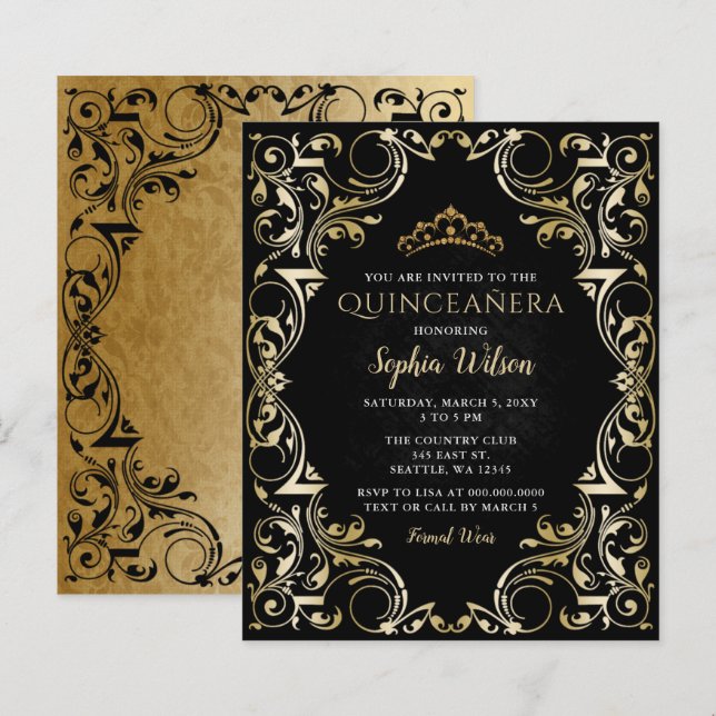 Papier Budget Black Gold Tiara Quinceañera Invitation (Devant / Derrière)