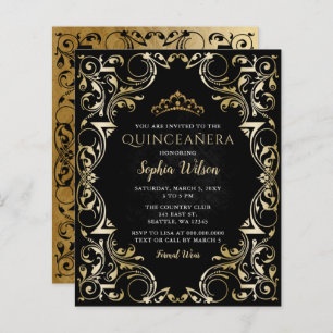 Papier Budget Black Gold Tiara Quinceañera Invitation