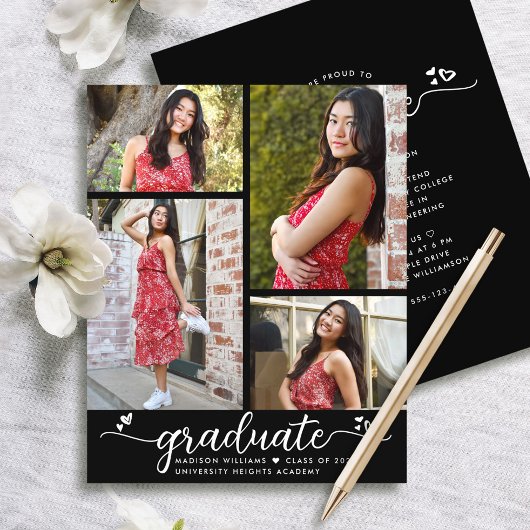 Papier Budget Black Graduation 4 Photo Script Invitation