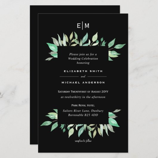 Papier BUDGET Black Greenery Invitations de mariage A9 (Devant / Derrière)