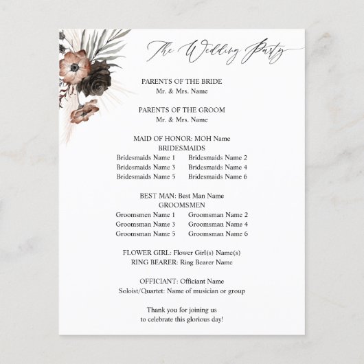 Papier Budget Black & Natural Floral Boho Wedding Program (Dos)