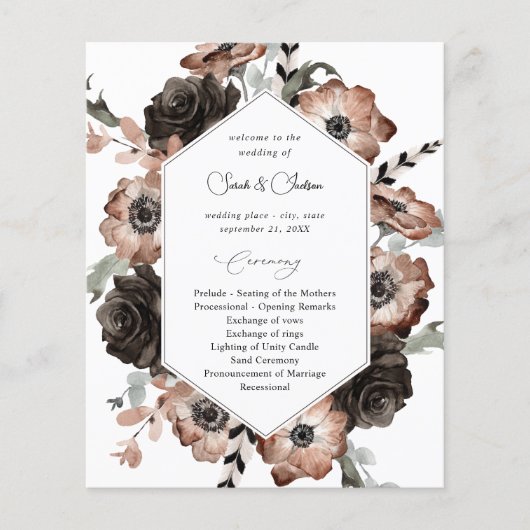 Papier Budget Black & Natural Floral Boho Wedding Program (Devant)