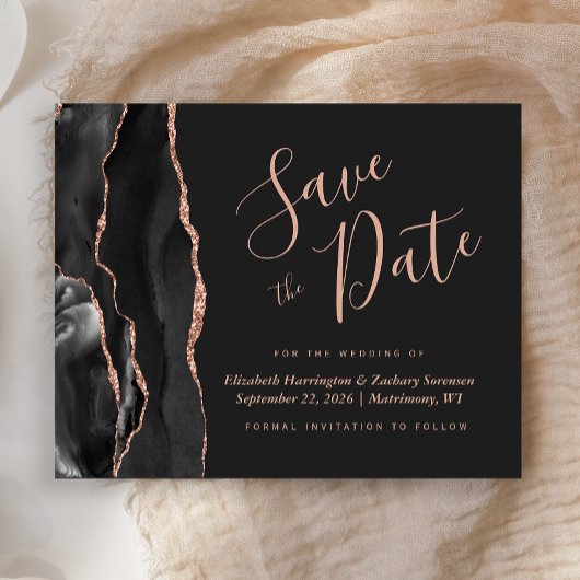 Papier Budget Black Rose Gold Agate Mariage Save the Date