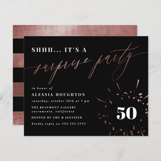 Papier Budget Black & Rose Gold Script Surprise Party (Devant / Derrière)