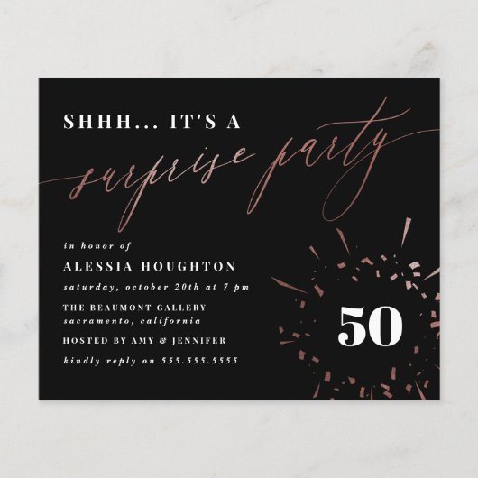 Papier Budget Black & Rose Gold Script Surprise Party (Devant)