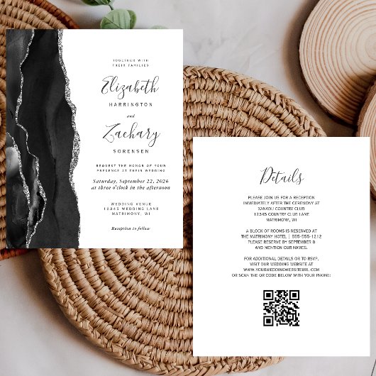 Papier Budget Black Silver Agate QR Code Mariage Invitati