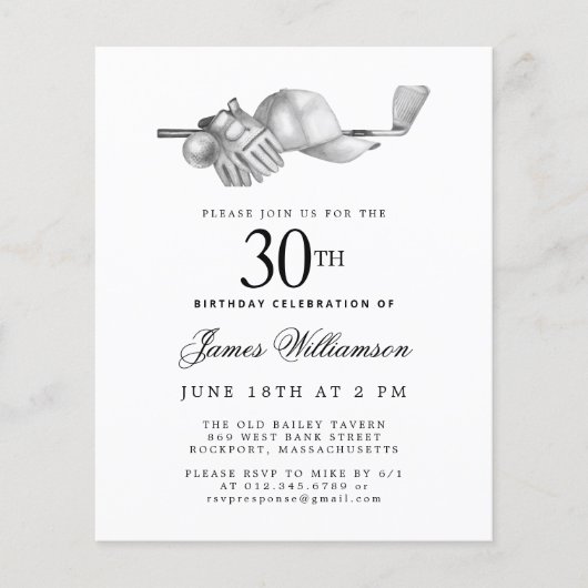 Papier Budget Black White Golf 30th Birthday Invitation (Devant)