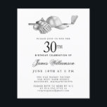 Papier Budget Black White Golf 30th Birthday Invitation<br><div class="desc">Elégante invitation d'anniversaire en noir et blanc pour un golfeur. Le top de l'invitation est décoré d'accessoires de golf - un club de golf, balle de golf, casquette et gants. L'aquarelle crée une esthétique traditionnelle et classique. Parfait pour un bain d'anniversaire au club ou un jardin barbecue. Tout le texte...</div>