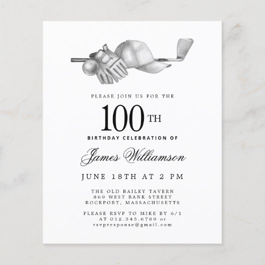 Papier Budget Black White Golf Invitation 100e anniversai (Devant)