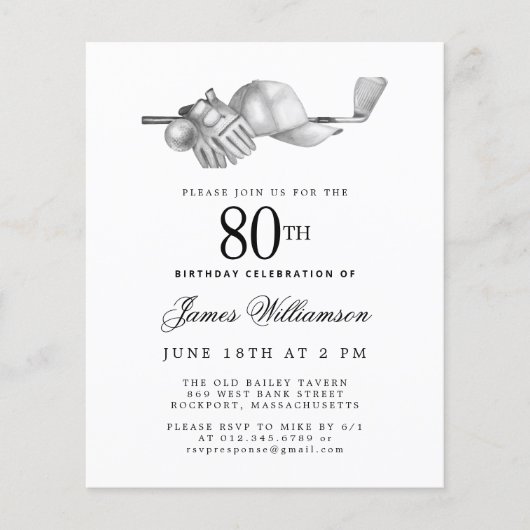 Papier Budget Black White Golf Invitation d'anniversaire  (Devant)