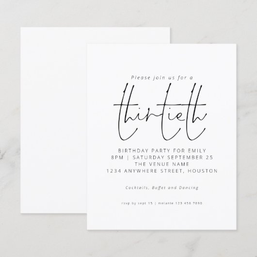 Papier Budget Black White Script 30th Birthday Invitation (Devant / Derrière)