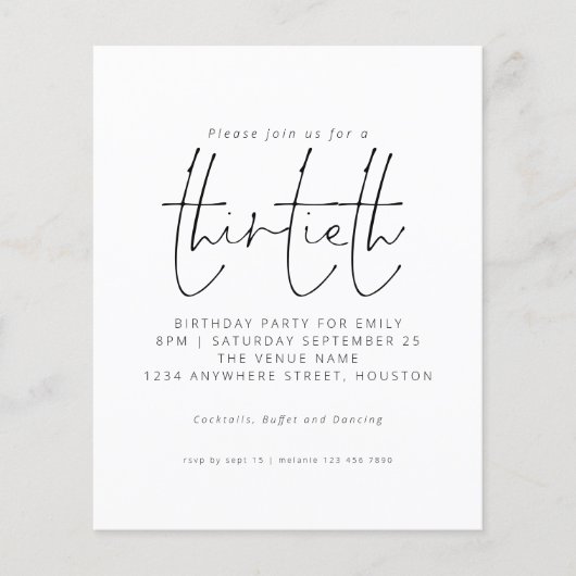 Papier Budget Black White Script 30th Birthday Invitation (Devant)