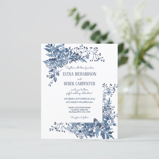 Papier Budget Blanc Bleu Fleur sauvage Oiseau Floral Mari (Debout devant)