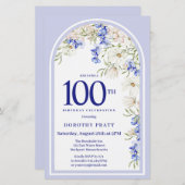 Papier Budget Blanc Bleu Floral 100e anniversaire Invitat (Devant / Derrière)