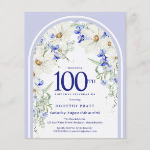 Papier Budget Blanc Bleu Floral 100e anniversaire Invitat