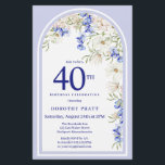 Papier Budget Blanc Bleu Floral 40e Anniversaire Invitati<br><div class="desc">L'élégant modèle d'invitation à la fête du 40e anniversaire dispose d'une arche fleurie Boho faite de marguerites blanches et de fleurs sauvages bleus. Cet article fait partie de la collection Boho Arch Blue and White Floral Collection.</div>