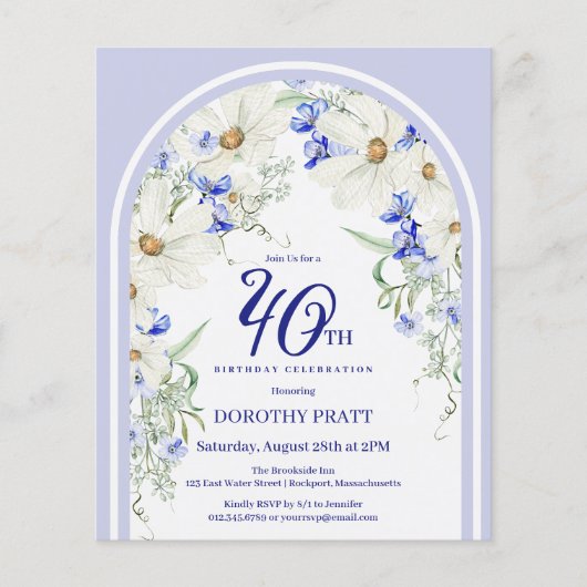 Papier Budget Blanc Bleu Floral 40e Anniversaire Invitati (Devant)