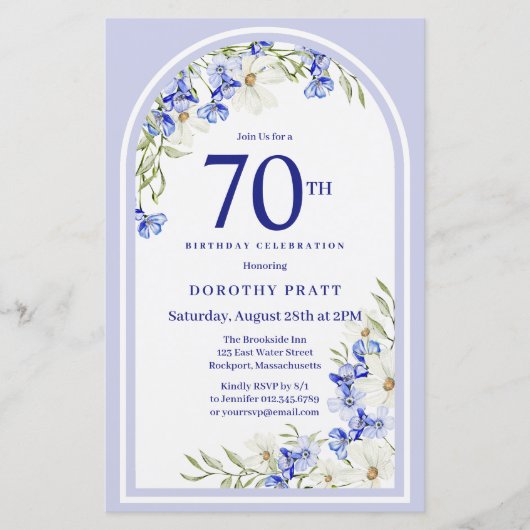 Papier Budget Blanc Bleu Floral 70e anniversaire Invitati (Devant)