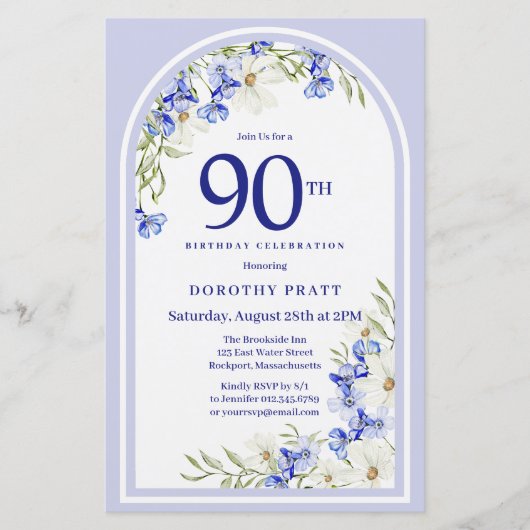 Papier Budget Blanc Bleu Floral 90e anniversaire Invitati (Devant)