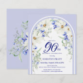 Papier Budget Blanc Bleu Floral 90e anniversaire Invitati (Devant / Derrière)