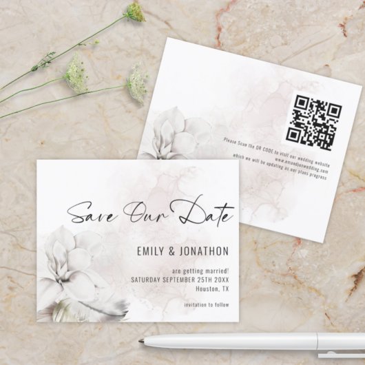 Papier Budget Blanc Flores Mariage QR Code Enregistrer no