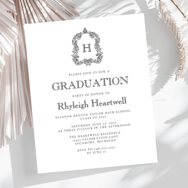 Papier Budget Blanc Monogramme noir Crest Party de gradua (Créateur téléchargé)