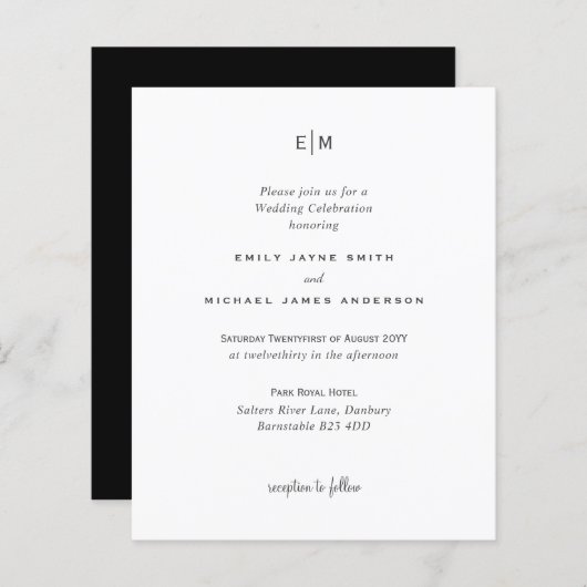 Papier Budget Blanc Noir Moderne Simple Elégant Mariage (Devant / Derrière)