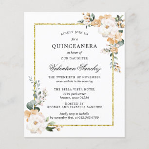 Papier Budget Blanc or Floral Quinceanera Invitation