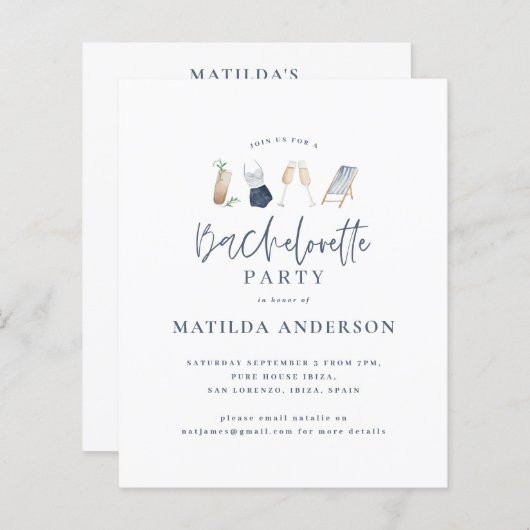 Papier budget bleu bachelorette week-end itinéraire invit (Devant / Derrière)