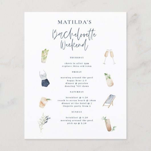 Papier budget bleu bachelorette week-end itinéraire invit (Dos)