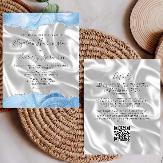Papier Budget Bleu Bébé Argent Agate Soie QR Code Mariage