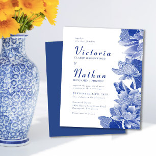 Papier Budget Bleu Blanc Photo Floral Mariage Invitation