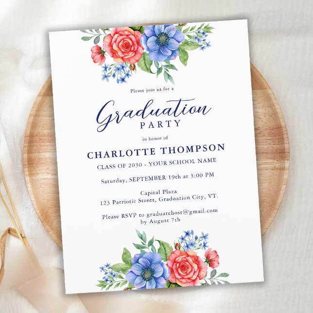 Papier Budget bleu bleu floral Invitation de graduation (Créateur téléchargé)