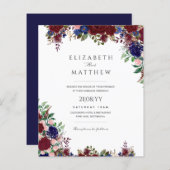 Papier Budget Bleu Bourgogne Roses Floral Mariage Invite (Devant / Derrière)