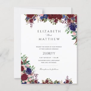 Papier Budget Bleu Bourgogne Roses Floral Mariage Invite