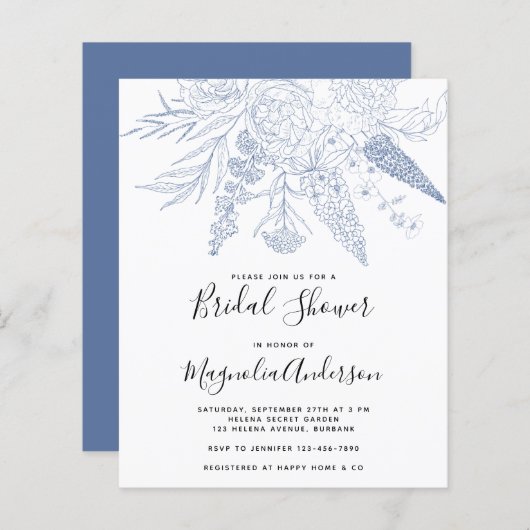 Papier BUDGET Bleu Floral Invitation à la douche nuptiale (Devant / Derrière)