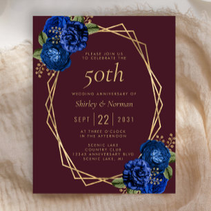 Papier Budget Bleu Floral Or Bourgogne 50e Anniversaire
