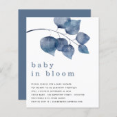 Papier BUDGET Bleu Foliage bébé en fleurs douche Invitati (Devant / Derrière)