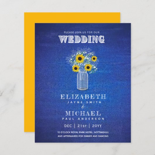 Papier BUDGET Bleu Jaune Tournesols Mariage Invitation (Devant / Derrière)