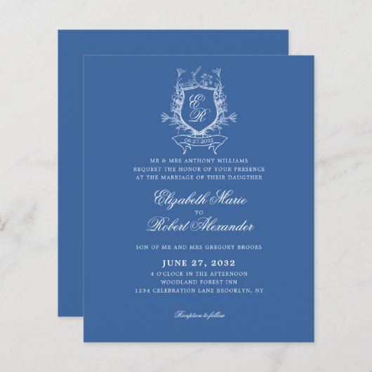 Papier BUDGET Bleu Monogramme Crest Mariage traditionnel (Devant / Derrière)
