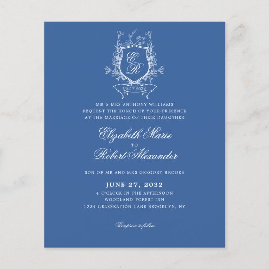 Papier BUDGET Bleu Monogramme Crest Mariage traditionnel (Devant)