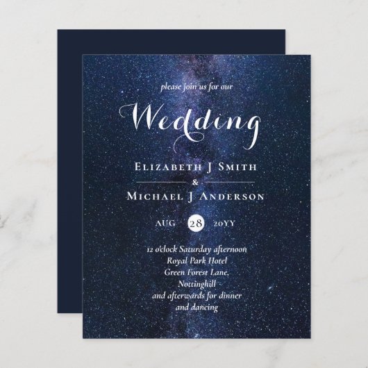 Papier Budget Bleu Nuit Mariage Ciel Invite Moderne (Devant / Derrière)