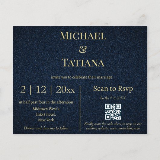 Papier budget bleu or code rsvp qr faire-part de mariage (Devant)