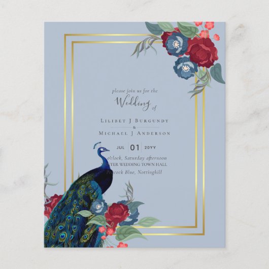 Papier BUDGET Bleu Paon Bourgogne Mariage d'Hiver d'Auto (Devant)