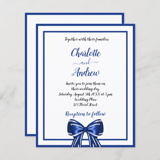 Papier Budget bleu royal blanc élégant arc mariage (Devant / Derrière)