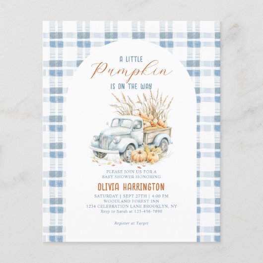 Papier BUDGET Bleu Un petit Citrouille Baby shower de cam (Devant)