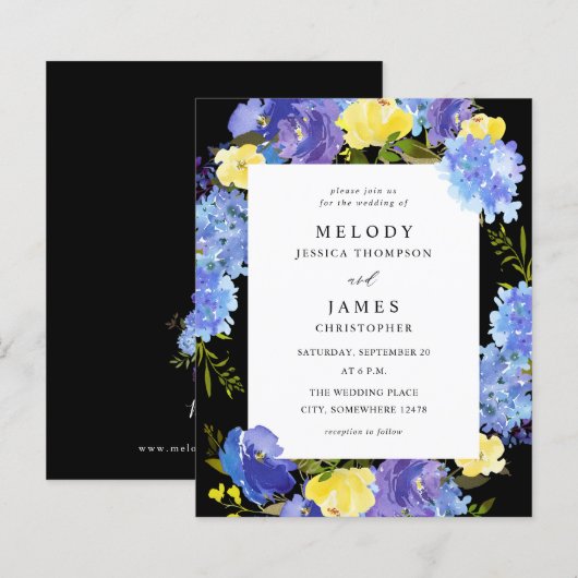 Papier Budget bleu violet et jaune Mariage floral - noir (Devant / Derrière)