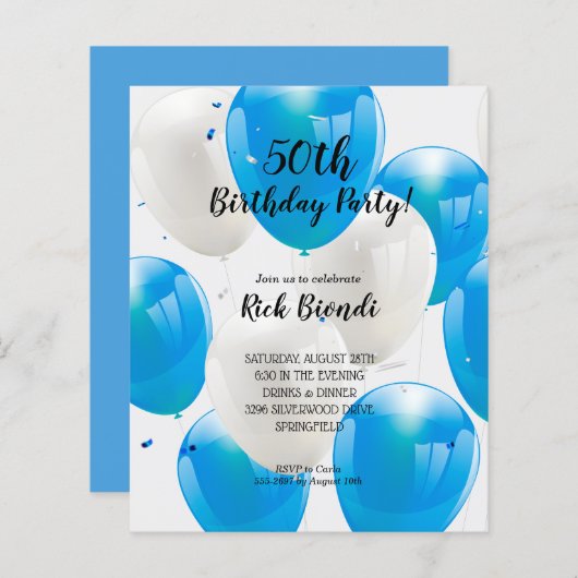 Papier Budget Bleus Ballons Anniversaire Fête Invitations (Devant / Derrière)
