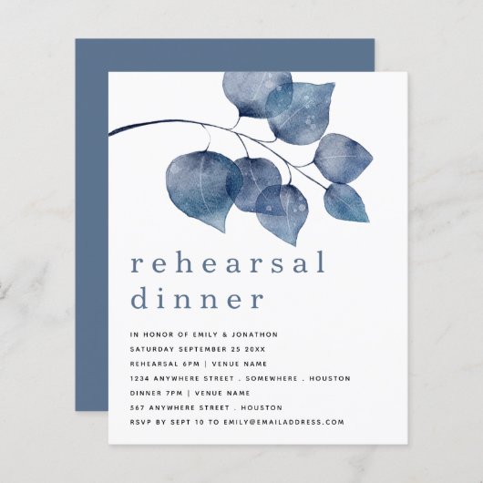 Papier Budget Blue Artsy Foliage Répétition Dîner Invitat (Devant / Derrière)